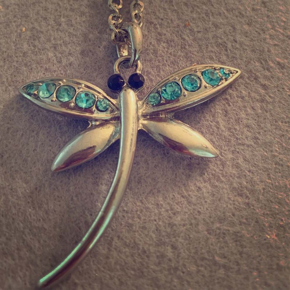 Blue rhinestone dragonfly necklace